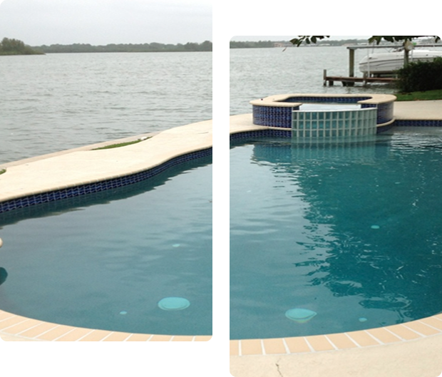 A pool with two different views of the water.